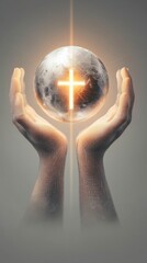 Hands Holding Earth with Glowing Cross for Faith, Global Peace, and Christian Charity Campaigns