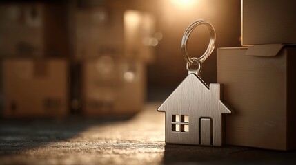 House-Shaped Keychain on Tabletop in Warm Lighting for Real Estate, Mortgage, or Homeownership Concepts