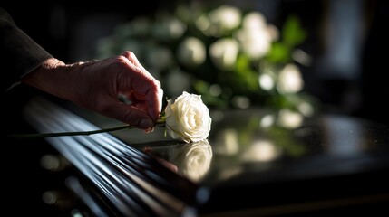 Person placing white rose on polished coffin during memorial service  