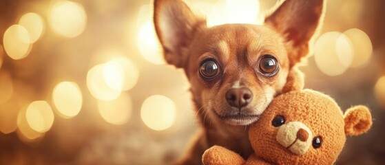 Adorable brown puppy cuddles with teddy bear golden bokeh background