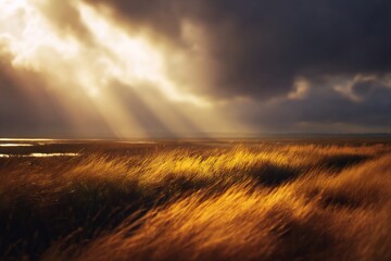 Obraz premium Golden field landscape sunlight rays scenic nature photography countryside meadow grass sky clouds