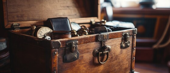 Antique wooden chest filled with vintage clocks and collectibles