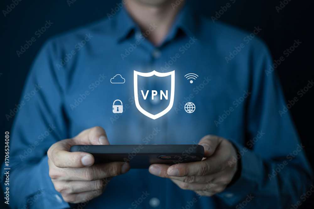 Poster vpn virtual private network protocol concept. person using smartphone with vpn icon on virtual scree