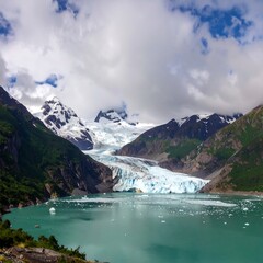 Glacial lake, snow-capped mountains, lush green slopes, and dramatic clouds