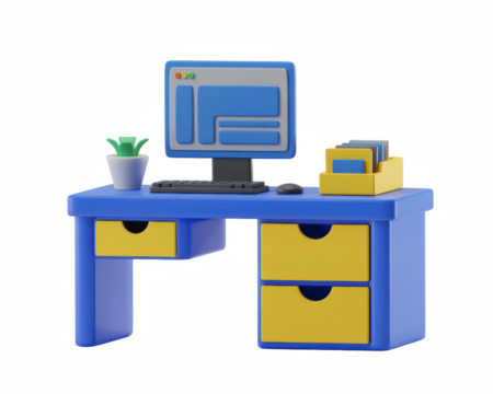Cartoon rendering of a blue desk with a computer plant and yellow drawers on a black background on transparent background