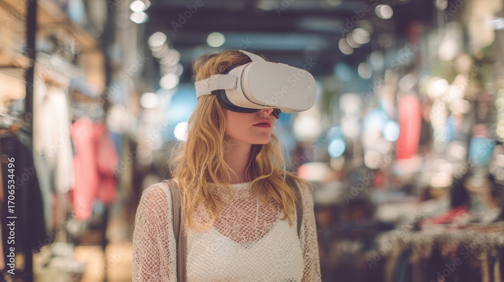 Aufkleber shot captures a shopper wearing vr goggles exploring an immersive product showcase focused on headse