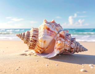 Seashell on a sandy beach. Beautiful sunny day