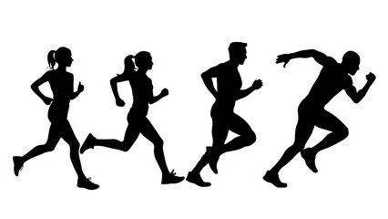 Running man and woman silhouettes set. Male and female runners figure shapes. Bare and naked slim healthy people work out