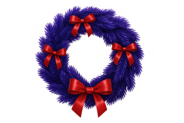 Christmas wreath with red bows and purple branches on transparent background