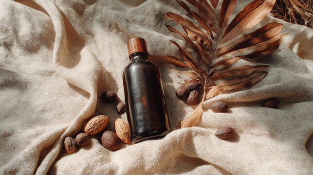 Batana Oil Bottle Flat Lay with Palm Nuts and Tropical Leaves on White Background for Natural Beauty and Hair Care