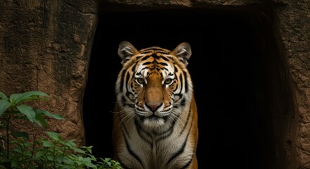 An alert and curious tiger peeks from the dark confines of its rocky lair, its powerful presence emanating from the shadows with a direct gaze