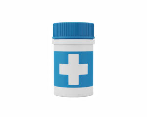 Isolated medication bottle with blue cap and a white cross on a blue background on a black background on transparent background