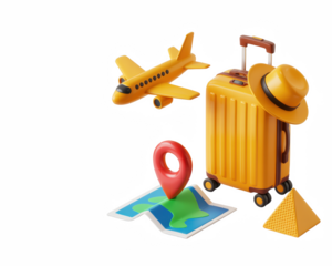 A cartoon airplane suitcase map pin and pyramid on a black background depicting travel and tourism concept on transparent background
