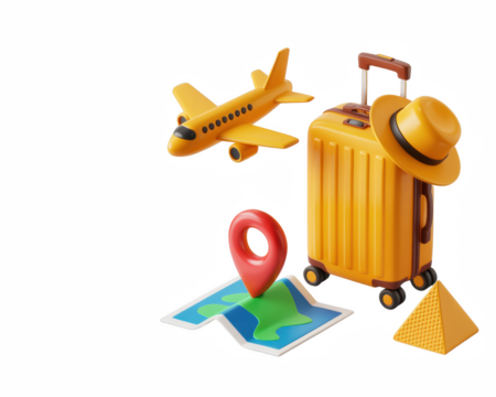 A cartoon airplane suitcase map pin and pyramid on a black background depicting travel and tourism concept on transparent background - Powered by Adobe