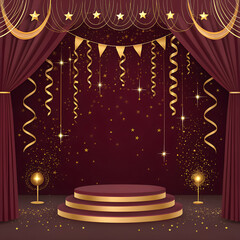 Deep burgundy backdrop with golden sparkles and streamers, elegant premium birthday mood.