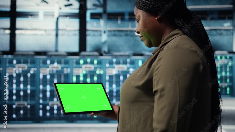 Aufkleber admin in data center using green screen tablet to deploy new server architecture. server hub worker 