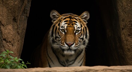 Majestic and curious tiger peeking from the shadows of a rocky den, its intense gaze fixed on the viewer