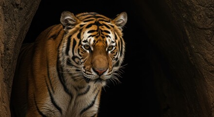 A magnificent tiger, embodying primal power, peeks with curious eyes from the dark confines of its cave, its striped fur a vivid contrast against the shadows of its natural habitat