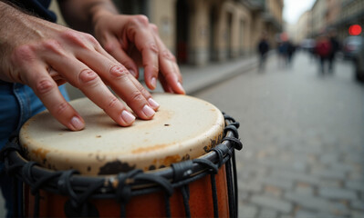Close-up on Drumming hands as they touch African percussion drum, with fingers poised to create rhythmic sounds. Drumming showcases artist's hands hitting djembe, creating beautiful music.