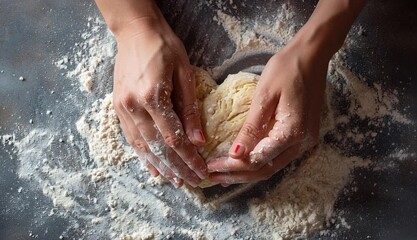 Overhead shot of hands holding a heart-shaped dough on a floured surface, a perfect visual for homemade baking blogs and family recipe books