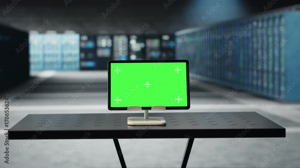 Aufkleber green screen tablet in data center left running by engineers for software updates. mockup device in 