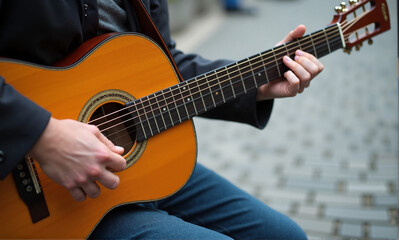 Obraz premium Close-up of playing guitar with skilled fingers on strings for musical enjoyment. Playing guitar outside, musician creates melodies, chords, and harmonies with precision and expertise.