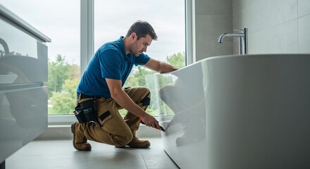 young man installing bathtub. Man kneeling and painting a bathtub in a modern bathroom