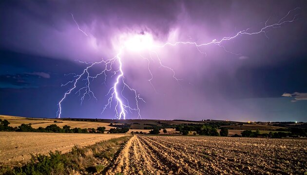 Dramatic lightning storm over a rural landscape