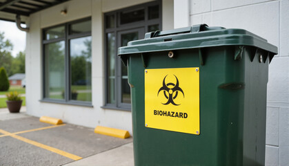 Green biohazard waste bin labeled against a modern building backdrop, promoting safe disposal practices in healthcare, concept of waste management, medical facilities