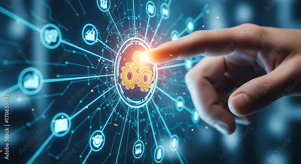 Poster finger touching a digital screen with gears and connected network icons representing technology and 