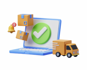 A cartoon laptop with a green checkmark, boxes, a truck, and a notification bell on a black background on transparent background