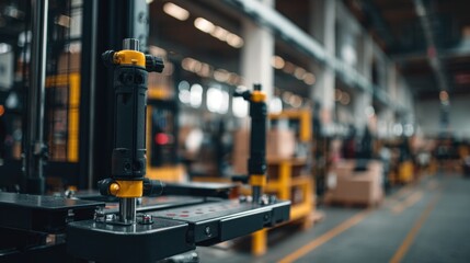 Focused medium shot of a manual lifting device featuring padded supports crisp on the tools ergonomic parts with blurred warehouse machinery in the background