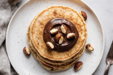 Pancakes with chocolate spread and hazelnuts. Homemade thin pancakes for breakfast or dessert.