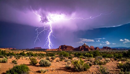 Dramatic lightning storm over desert landscape