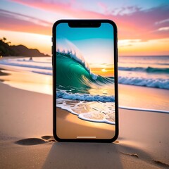 Smartphone displaying a vibrant sunset beach wave image