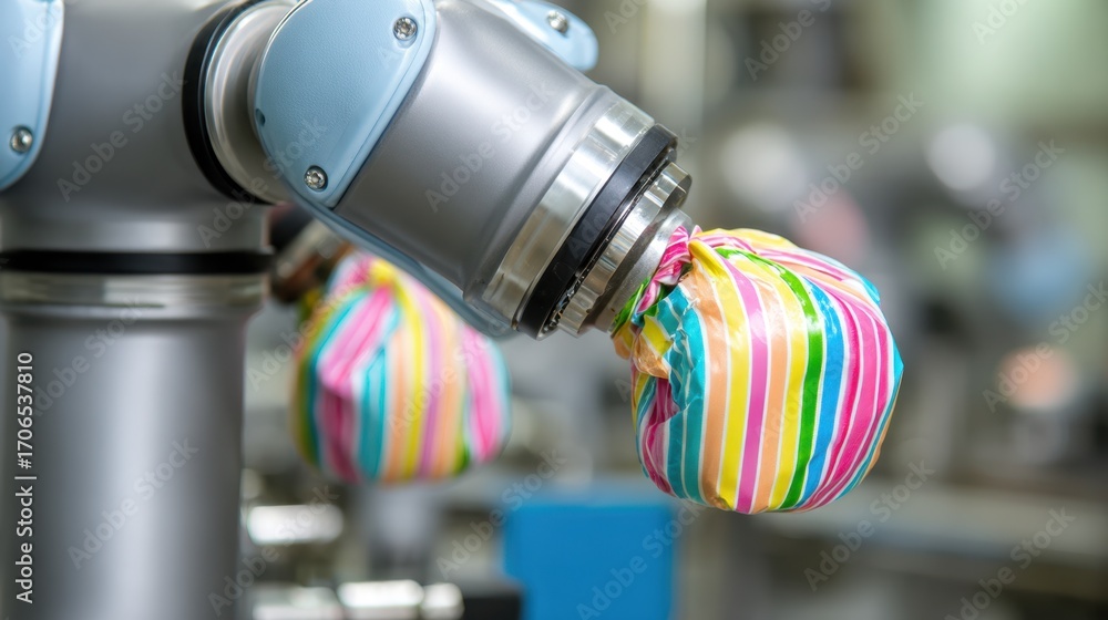 Poster medium shot of a collaborative robot arm delicately wrapping colorful candies with the machinery in 