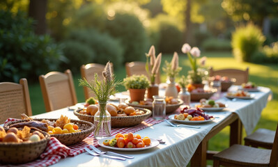 Backyard barbecue with a table laden with dishes, a backyard barbecue is ready for guests, featuring platters, vibrant salads, and artisan bread.