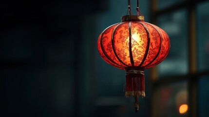 Glowing Red Chinese Lantern Illuminating the Night with Warm Light and Intricate Details.