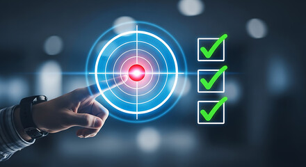 Hand touches a digital target with check marks, representing successful goals and objectives being achieved.