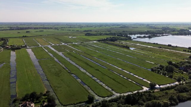Aerial view of polder farmland with long green strips divided by water channels. A lake and scattered buildings in the background highlight effective land and water management in a rural setting.