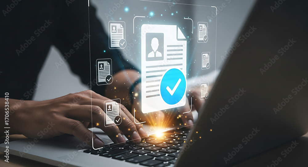 Poster close-up of person typing on laptop keyboard with digital approved document icons signifying file ve