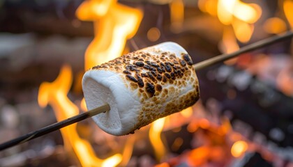 Roasted marshmallow on a stick over a campfire