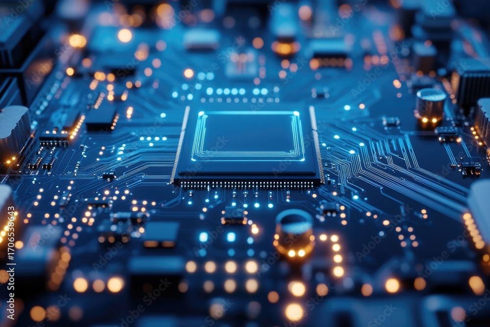Poster close-up view of a computer's central processing unit (cpu) on a circuit board, glowing with blue li