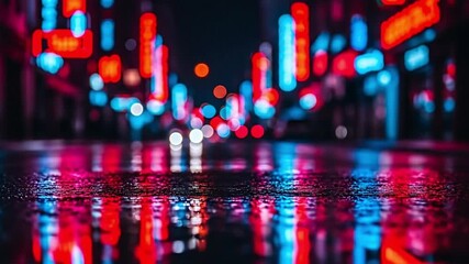 Blurry neon street lights reflect vibrantly on a wet dark urban surface creating a dynamic abstract composition of red and blue hues - Powered by Adobe