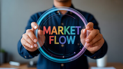 Market Flow Concept: Person Holding a Circular Hologram Displaying Colorful Text and Dynamic Light Effects
