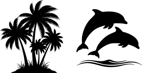 Naklejka premium Palm trees and dolphins vector