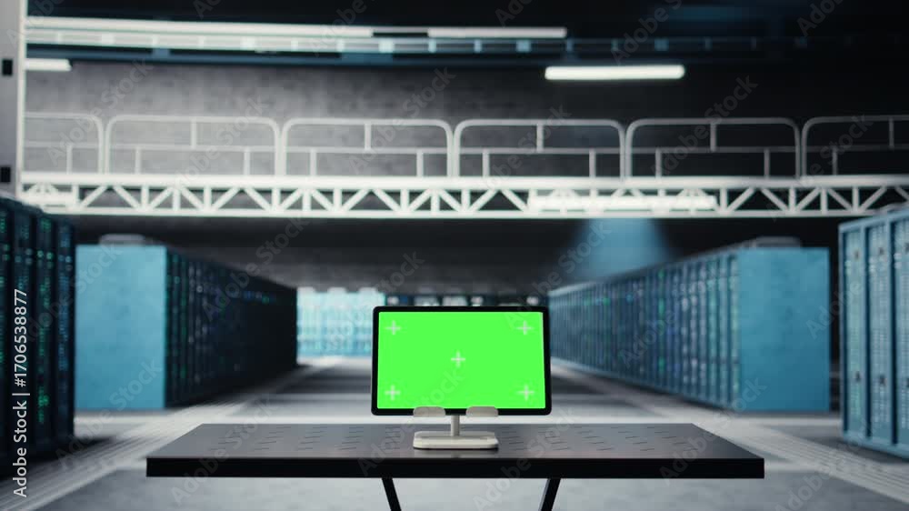 Poster green screen tablet in data center used for doing maintenance on infrastructure, improving workload.