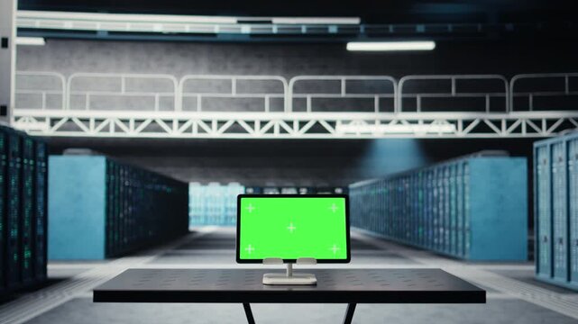 Green screen tablet in data center used for doing maintenance on infrastructure, improving workload. Mockup device in server farm used by high tech server clusters for parallel processing
