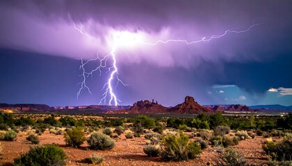 Dramatic lightning strike over desert landscape