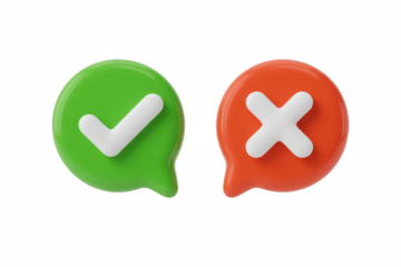 A bright render of a green check mark and an orange x mark in speech bubble shapes on a black background on transparent background